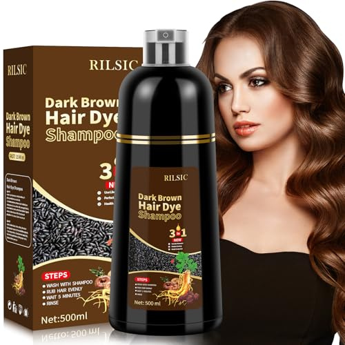 GFEUGS 500ML Dark Brown Hair Dye Shampoo, Colour Shampoo 3 in 1 for Grey Hair Beard Coverage - Instant Color Shampoos for Women Men - Natural - Long Lasting - Dye Coloring in Minutes (Dark Brown)