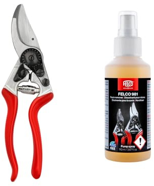 FELCO 2-teilig: Bypass-Gartenschere 8 + Harzentferner-Spray 981, Rechtshänder, Große Hand, 25mm, Abgewinkelter Kopf, Klingenreinigungsset