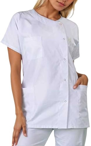 DaPongZhi Blouse Médicale Femme Blanche Tenue Infirmiere Professionnelle Tunique Chemise de Médical Manches Courtes Col Rond Pharmacie Blouses Blanche Chimie Lycee avec Poche