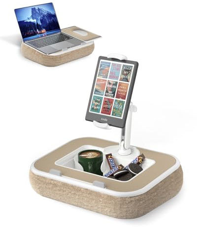 Viozon Tablet Pillow Stand with Lap Desk, Compatible with 4.7–13” Tablets & Phones and 10–15” Laptops, Silicone Cup Holder & Snack Tray, Magnetic Mouse Mat, Detachable Quick-Release Arm, Beige