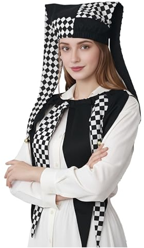 ANDHOM Chapeau de bouffon avec clochettes arlequin motif diamant pour Halloween, Noël, accessoire de costume noir et blanc (M)