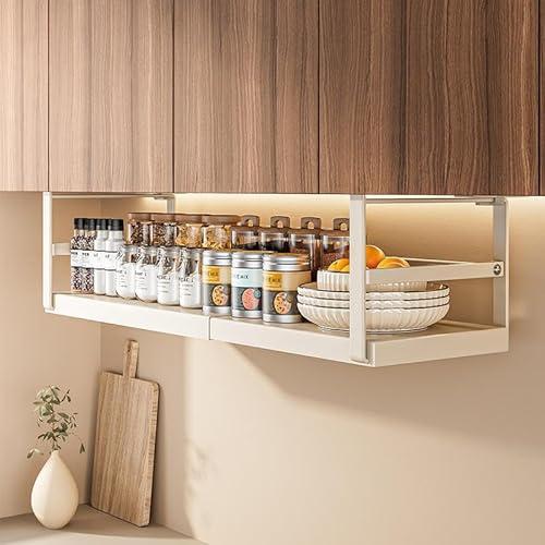 Casa Moderna Extendable Kitchen Shelf Organiser - Under Shelf Storage and Adjustable Cupboard Storage Rack - Strong Steel, No Drilling Required (White)