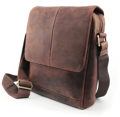 Fa.Volmer ® Umhängetasche Echtleder – Handgefertigte Schultertasche & Messenger Bag für 11 Tablet, Business & Alltag (braun)