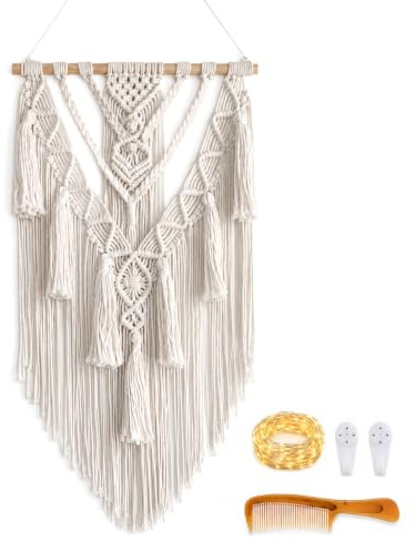 IHONYI Boho Makramee Wandbehang Wandteppich mit 3M LED Lichterkette, Geometrischer Beige Baumwolle, handgewebt Fransengirlande Wanddeko für Wohnzimmer/Schlafzimmer/Balkon/Wohnwagen