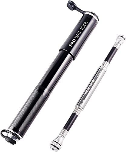 PRO BIKE TOOL Pompa per bicicletta con manometro, adatta per Presta e Schrader, gonfiaggio accurato, mini pompa per pneumatici da strada, mountain bike e BMX, alta pressione 100 PSI, include kit di