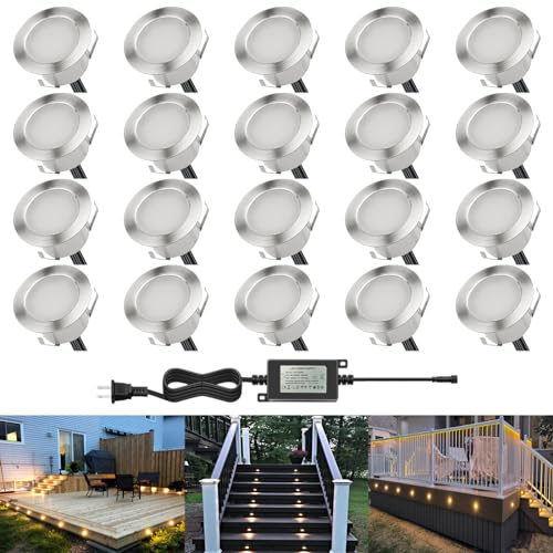 CHNXU LED Outdoor Deck Lights Kits, Φ1.77in Warm White 20 Pack Silver, Low Voltage 12 Volt DC IP67 Waterproof, Electric Wired Recessed Outside Stair Step Riser Landscape Lighting for Exterior Yard