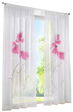BAILEY JO 1er-Pack Gardine Floral Gardinen Schlaufen mit Blumen Druck Transparent Voile Vorhang (BxH 150x175cm, Pink mit Kräuselband)