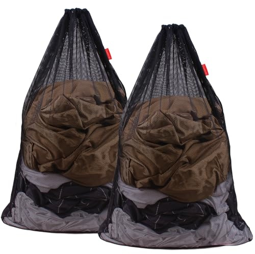 DuomiW 2 Pack Mesh Laundry Bags, 24 x 36 Inches Heavy Duty Drawstring Bag, Factories, College, Dorm, Travel and Apartment Dwellers, Black