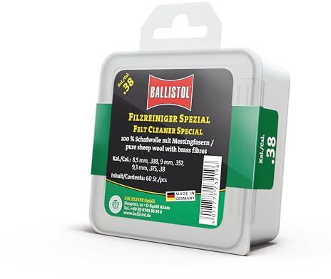 BALLISTOL 23219 Filzreiniger Spezial, Kal 38, 100% Schafwolle, 60 Stück | Laufreinigungsfilze, für Gewehr, mit Messing-Fasern, ohne Füll- und Hilfsstoffe