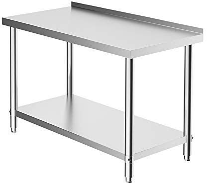 FIDOOVIVIA Kitchen Table Food Prep Bench Stainless Steel Commercial Work Table Double Shelf with 3.5CM Worktop Backsplash for Kitchen Bar Restaurant Silver Size 120 x 60 x 80CM