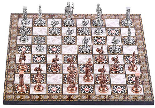 GiftHome Römische Figuren aus Metall, antikes Kupfer, Schachspiel für Erwachsene, handgefertigte Stücke und Perlmutt gemustertes Holz, Schachbrett, König 7,1 cm