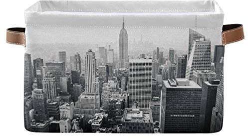 HMZXZ Rxyy New York City Schwarz and Weiß Segeltuch Aufbewahrungsboxen Zusammenklappbar Spielzeuge Lager Bin mit VE Leder Griffe Aufbewahrungskörbe Veranstalter für Kleiderschrank Wandschrank
