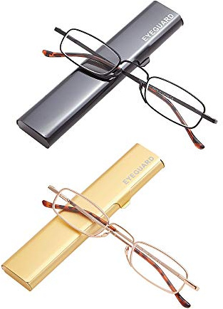 EYEGUARD Schmale Lesebrille, kompakte Mini-Lesebrille, superleichtes Metall, Taschenlesebrille mit tragbaren Etuis für Herren und Damen, 2 Paar (+ 3,00 Vergrößerung)