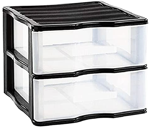 Acan Cajonera wagon de plástico negro 2 cajones transparentes 32,5 x 36,5 x 38 cm. Contenedor de plástico para folios especial para oficina u hogar. Utensilio de ordenación para distintos ámbitos.