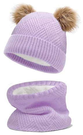 JFAN Bonnet d'hiver Enfant avec Pompons pour Garder au Chaud Garçons et Filles Bonnet Double Boule + Bavoir,Rouge