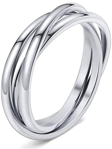 DURSI Trinity Interlocked Rolling Triple Ring for Women Girls Kids, Stainless Steel Cross Stacking Puzzle Ring for Fidget Anxiety, Minimalist Promise Engagement Wedding Ring (Silver, Size 4)