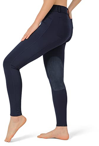 beroy Kids Horse Riding Knee-Patches Pants Girls Equestrian Front-Zip Breeches Legging with Pockets(Navy,L)
