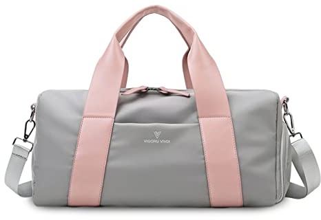 FANDARE Reisetaschen Handgepäck Sporttasche Übernachtung Sporttasche Handtasche Damen Herren Weekender Kliniktasche Schwimmtasche Trainingstasche mit Nass Trockentrenntasche & Schuhfach Graues Rosa