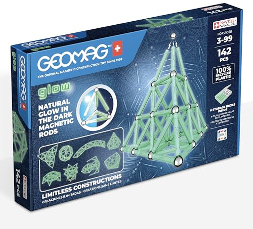 Geomag, Glow Recycled, Magnetische Konstruktionen mit Glüheffekt, Glow-in-the-Dark Magnetstäbe, 142 Stück Packung, 100% recycelter Kunststoff