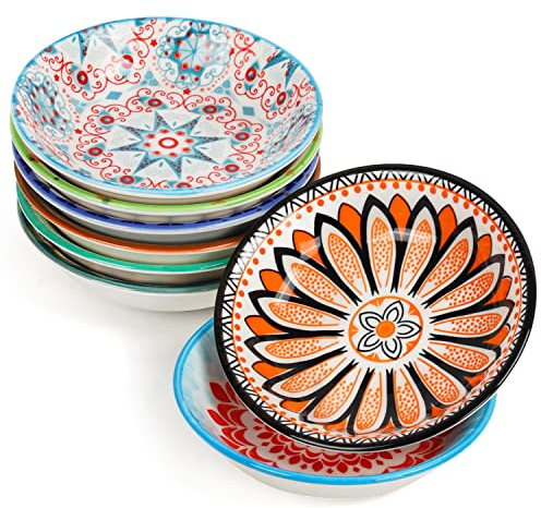 BELLE VOUS Round Porcelain Sauce Dipping Bowl Set (8 Pack) - 10cm / 4 Inches, 70ml / 2.3oz - Mini Serving Saucer Bowls for Soy Sauce, Seasoning, Appetisers, Snacks & Condiments