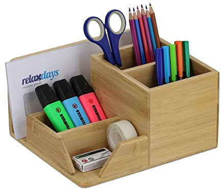 Relaxdays Schreibtisch Organizer, Bambus, 5 Fächer, HxBxT: 11,5 x 22 x 19 cm, Büroorganizer für Stifte, Briefe, natur