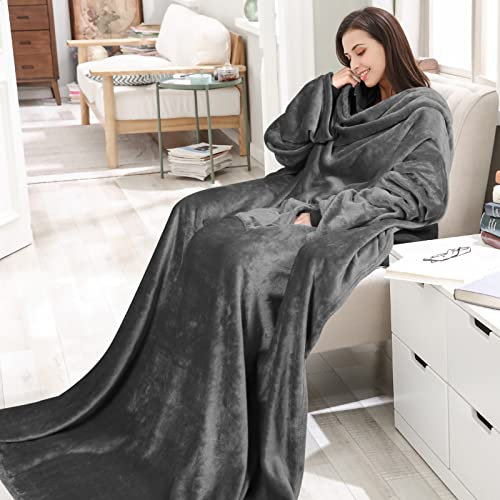 Decke mit Ärmeln und Tasche für Erwachsene TV-Decke Weiche Warme Profi Kuscheldecke Flauschig Flanell Blanket Wolldecke mit Ärmel für Wohndecken, Tagesdecken, Sofadecke (150 x 180 cm, Dunkelgrau)