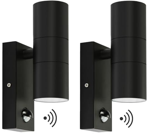 Kerry Outdoor Wall Lights, Up and Down Lamp with Motion Sensor, IP44 Black Stainless Steel Outside Lighting Mains Powered Fixtures, PIR Detector External Wall Sconce for Front Door, Porch - 2 Pack