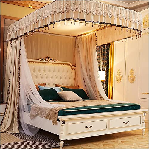 AFLCIO Prinzessin Bettvorhang Himmelbett Vorhänge mit U-förmiger Schienenhalterung Moskitonetz für Queensize-Bett für Mädchen Erwachsene Geschenk (Größe: 200 x 180 x 215 cm, Farbe: Gold)