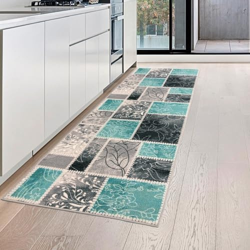 Teppich-Traum Küchenläufer Küchenteppich Karo Türkis Creme Grau 67x180 cm | Pflegeleicht, schmutzabweisend, strapazierfähig und rutschfest, rundherum gekettelt, für Küche, Flur und Essbereich