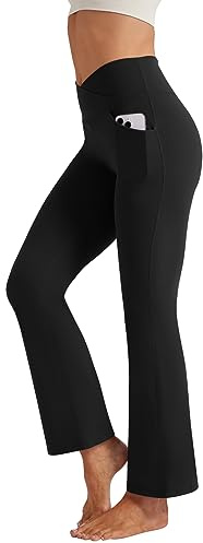 Friptspyg Hose Damen Flared Leggings V High Waist Schlaghose Elegant Jogginghose Stretch Yogahose mit Taschen Sporthose, Schwarz XL