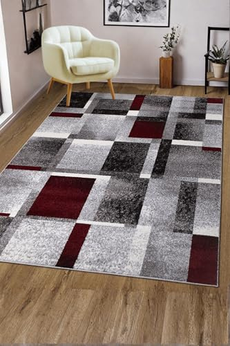 oKu-Tex Teppich Wohnzimmerteppich [160x230 cm] weicher Kurzflor grau rot kariert - Grauer Teppich für das Wohnzimmer - Carpet Living Room - geometrisches Patchwork Design - Deutsche Marke