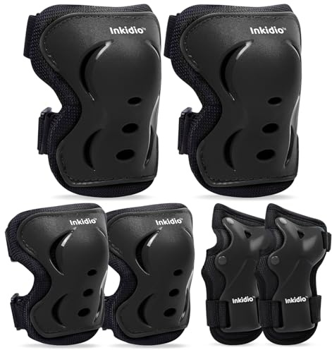 Inkidio Knäskydd för barn, skyddsutrustning, set med knäskydd, armbågsskydd och handledsskydd, idealisk för flickor, pojkar, skridskoåkning, skateboard, scooter cykel (X-Small, svart)