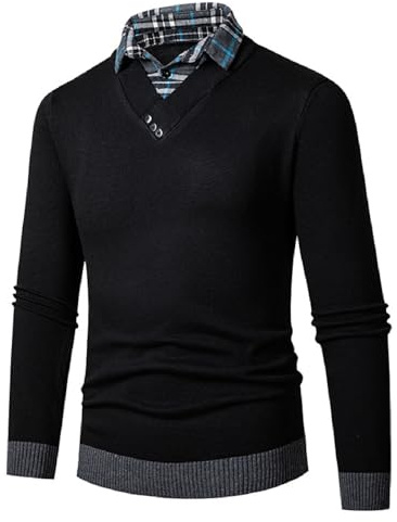 ZDSUHYIW Chemise Pull 2 en 1 à manches longues en tricot avec col en V Slim Fit simple décontracté cardigan sweat-shirt d'hiver Pull avec col de chemise, Noir , XXXL