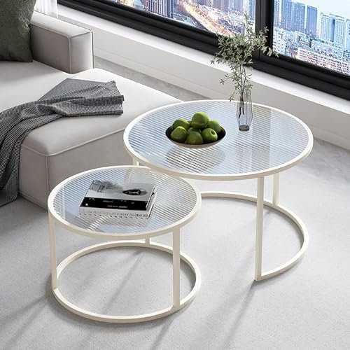 GArcan Runder Satztisch, Set aus 2 Couchtischen mit Glasplatte, Beistelltisch mit Metallrahmen für Wohnzimmer/Schlafzimmer/Empfang, Weiß