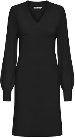 ONLY Robe en Tricot midi col en V Manches Ballon élégant pour Femme, Couleurs:Noir-2, Taille:S
