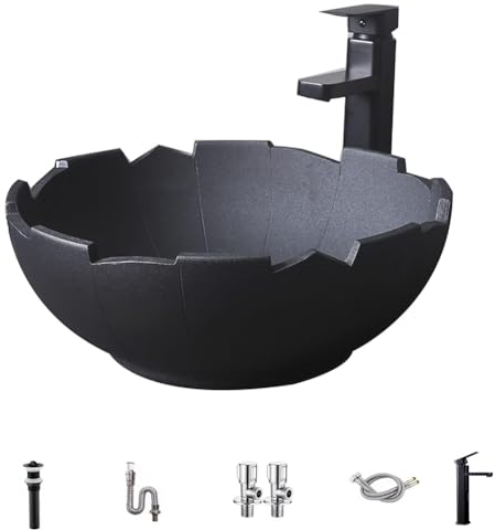 MegLob Schwarzes Schiffswaschbecken, Bad Waschbecken, Vintage Runde Keramikspüle Gefäß, Retro Industrial Style Badezimmer Gefäßschandwaschbecken, 40 * 15 Cm,Vessel sink kit