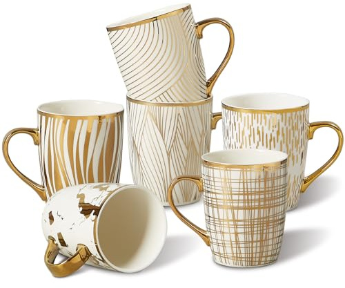 ONEMORE Kaffeetassen 532ml - Set von 6 golden beschichteten Keramiktassen für Cappuccino, Tee, Milchkaffee, Mokka, Kakao - Luxus-Tassenset mit goldenem Rand, weiß und gold