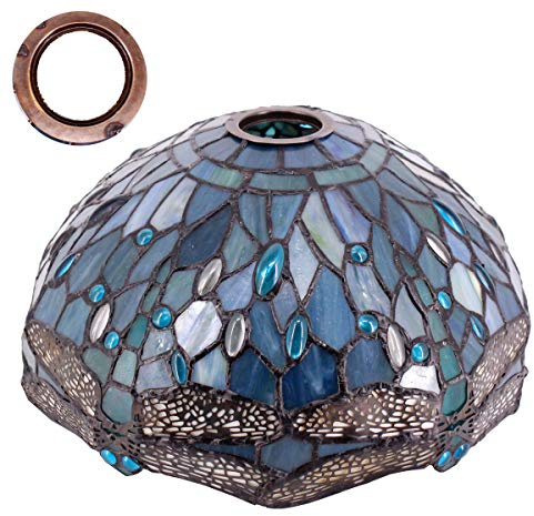 WERFACTORY Tiffany - Pantalla de repuesto para lámpara de 30,5 x 15,2 cm, color azul mar, con libélula, apertura de ajuste para lámpara de pie arqueada, lámpara de torchiere, lámpara colgante serie