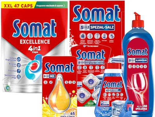 SOMAT 4in1 Caps 3x47 (141) AW Excellence, schnellauflösende Spülmaschinentabs, zur Reinigung + Klarspüler + Intensiv-Maschinenreiniger + Spezial-Salz + Deo Perls + Maschinenreiniger