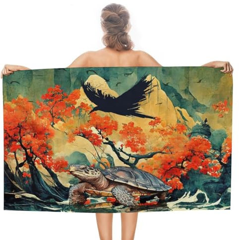 Mikrofaser Strandtuch Japanische Landschaft Meeresschildkröte Duschtücher Schnell Trocknendes Pool Badetuch Weich Badetuch Groß, Für Schwimmbad, Schwimmen, Reise, 80x130cm