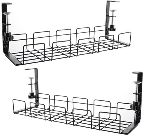 VIDETOL Under Desk Cable Management Tray Set of 2, No Drill Cable Tray for Storing Extension Cords and Hiding Wires, Metal Black Cable Rack with Clamp for Home, Office, Internet Cafe, Kitchen