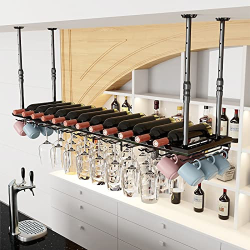 IBOWZ Deckenverzierung Deckenregal Decken-Weinregal, höhenverstellbar, Weinglasregal aus Metall, rustikale Industrie-Weinregale an der Wand montiert mit Stielglashalter, für Bars, Restaurants, Küchen