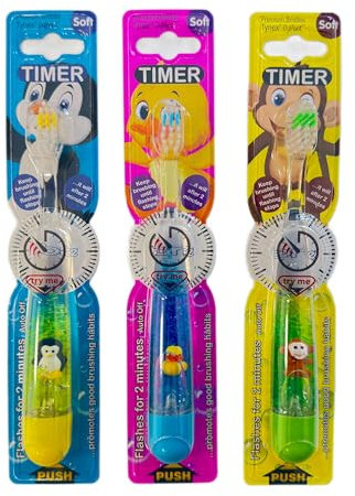 B-Brite Children's Toothbrush with Liquid Flashing Timer - Pack of 3 - Animal Friends