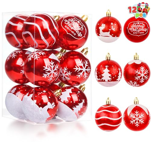 JOIEDOMI 12-teiliges Weihnachtskugel-Ornament-Set in Rot und Weiß, 5,8 cm, zarte Bemalung und glitzernde Weihnachtskugeln, bruchsicher, Weihnachts-Hängedekoration für Baumgeländer, Girlande, Feiertage