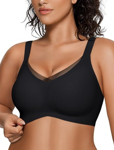 OEAK Dam trådlös gelé BH V mesh bekväm bralette stödjande t-shirt BH ingen bygel sömlös push-up vardagliga behåar, Svart, XXL