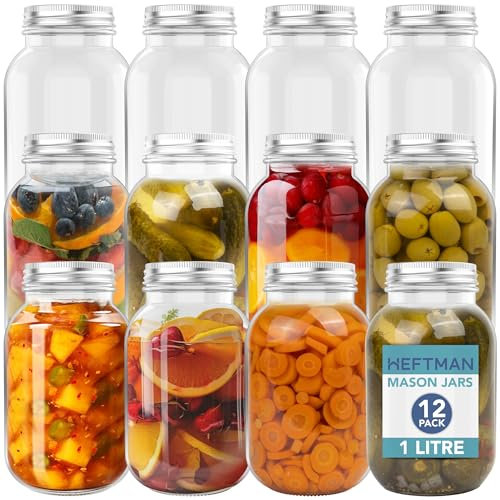 HEFTMAN Glass Mason Jars with Lids 1L - Set of 12 Large Air Tight Jars for Overnight Oats, Homemade Jam, Food Storage, Meal Prep, Pickling, Preserving - Mason Jar 12 PCS (1 Litre)