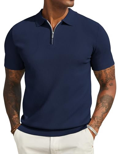COOFANDY Golf Polo Shirts for Men Adult Classic Zip Mens Polo Shirts Short Sleeve Stretch Men's Polo Shirt UK Lightweight Navy Blue XL