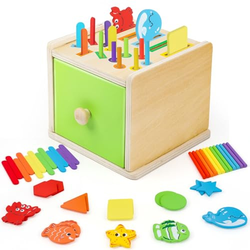 XIAPIA Montessori Spielzeug ab 1 2 3 Jahre, 3-in-1 Baby Montessori Sortierspiel, Kinder Holzspielzeug Motorikspielzeug ab 1 Jahr Junge Mädchen, Lernspiel Geschenke 1. Geburtstag Kindertag Weihnachten