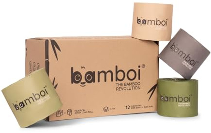Bamboi Toilettenpapier Bambus WC-Papier 3-lagig 12 Maxi Rollen | superweich, 380 Blatt pro Rolle, entsprechen etwa 32 normalen Rollen, 100% FSC®-zertifiziert