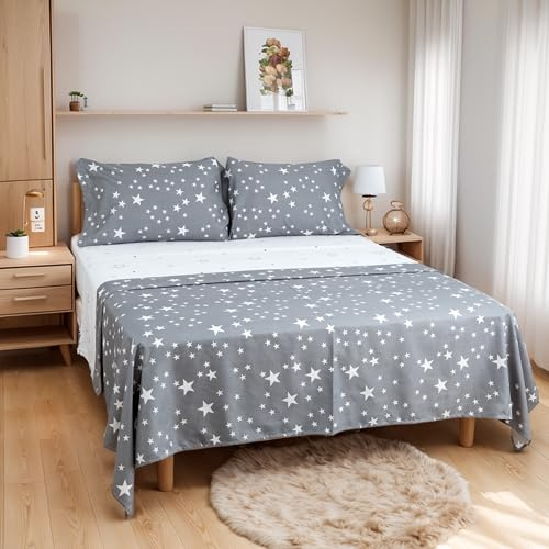 Etrexonline Juego de Sábanas 4 Piezas para Cama de 135 cm - Microfibra Suave y Transpirable, Incluye 1 Bajera Ajustable, 1 Encimera y 2 Funda de Almohada - Color Estrella Gris